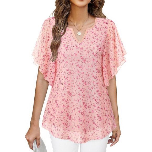 Women's Short Sleeve Tops Dressy Casual V Neck Double Layers Tunics Tops Pink - Picture 2 of 6